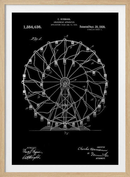 A framed patent illustration of a Ferris wheel from 1920, presented in a blueprint style with white lines and text on a black background. The technical drawing details the structure of the amusement apparatus and includes the inventor's name, patent number, and date. Decor