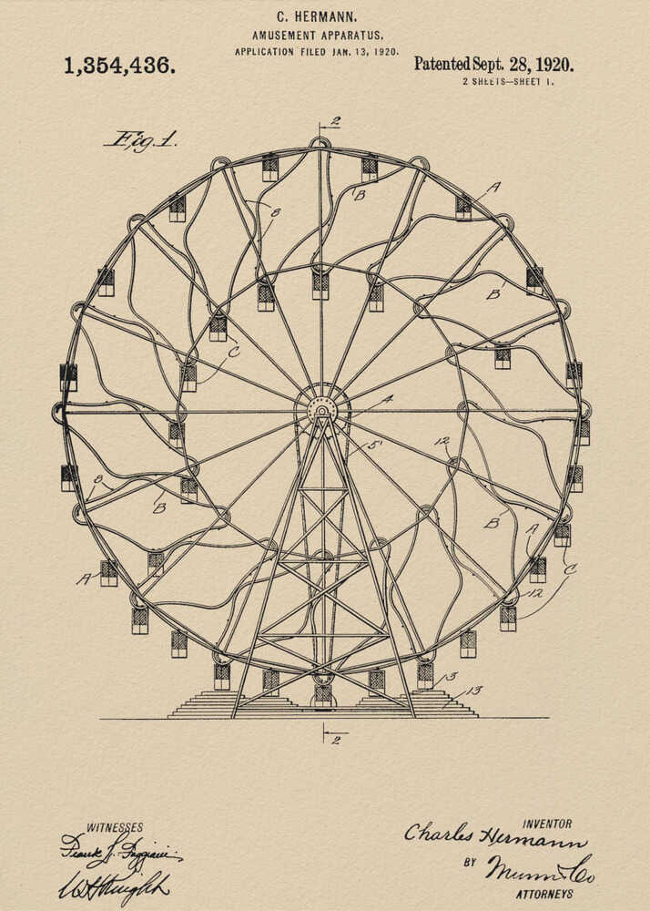 A framed vintage patent illustration of a Ferris wheel from 1920. The technical drawing is in black ink on aged beige paper, detailing the structure of the amusement apparatus. Text at the top identifies the inventor, C. Hermann, and the patent date, September 28, 1920. Decor
