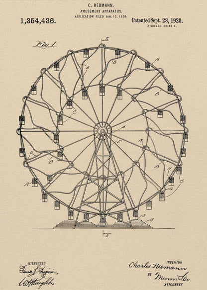 A framed vintage patent illustration of a Ferris wheel from 1920. The technical drawing is in black ink on aged beige paper, detailing the structure of the amusement apparatus. Text at the top identifies the inventor, C. Hermann, and the patent date, September 28, 1920. Decor