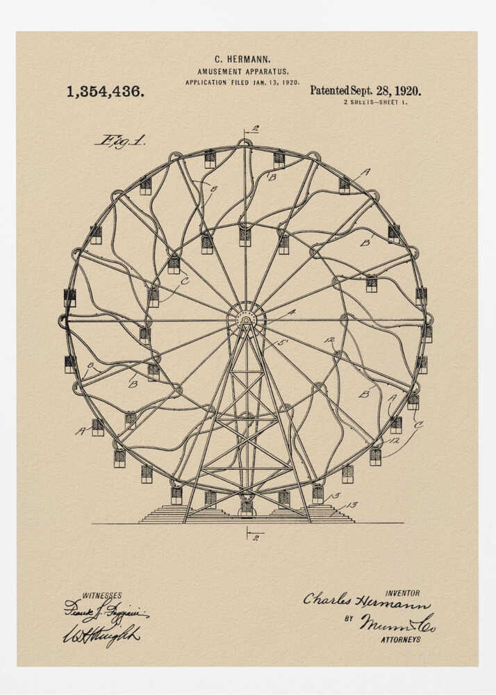 A framed vintage patent illustration of a Ferris wheel from 1920. The technical drawing is in black ink on aged beige paper, detailing the structure of the amusement apparatus. Text at the top identifies the inventor, C. Hermann, and the patent date, September 28, 1920. Decor