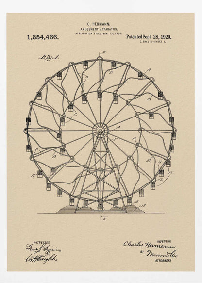 A framed vintage patent illustration of a Ferris wheel from 1920. The technical drawing is in black ink on aged beige paper, detailing the structure of the amusement apparatus. Text at the top identifies the inventor, C. Hermann, and the patent date, September 28, 1920. Decor