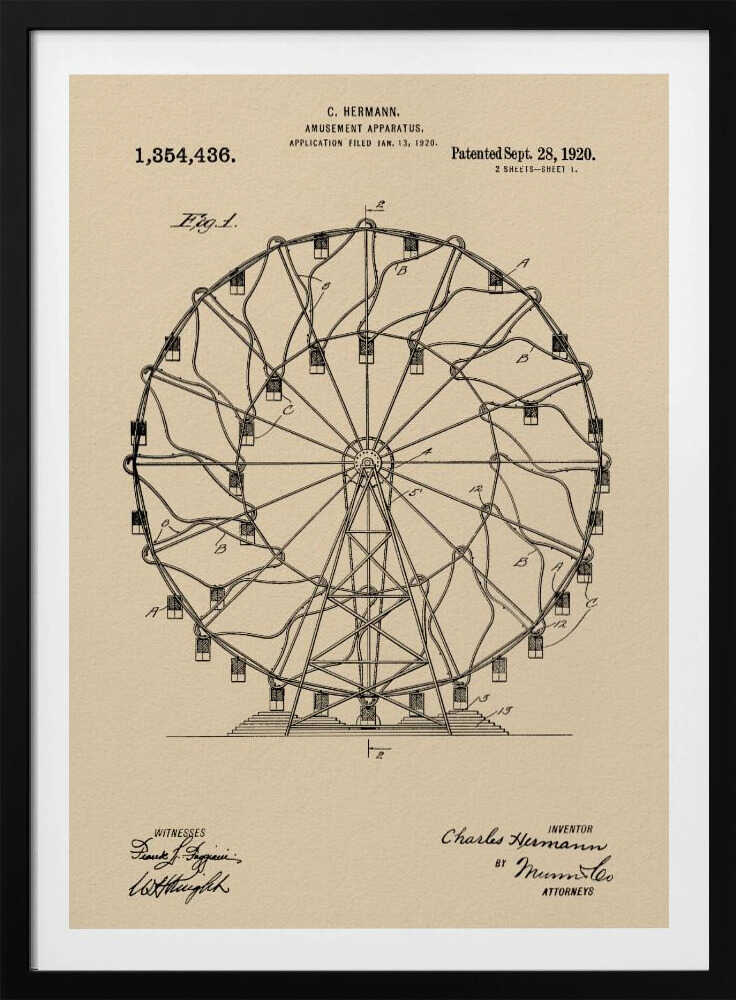 A framed vintage patent illustration of a Ferris wheel from 1920. The technical drawing is in black ink on aged beige paper, detailing the structure of the amusement apparatus. Text at the top identifies the inventor, C. Hermann, and the patent date, September 28, 1920. Decor