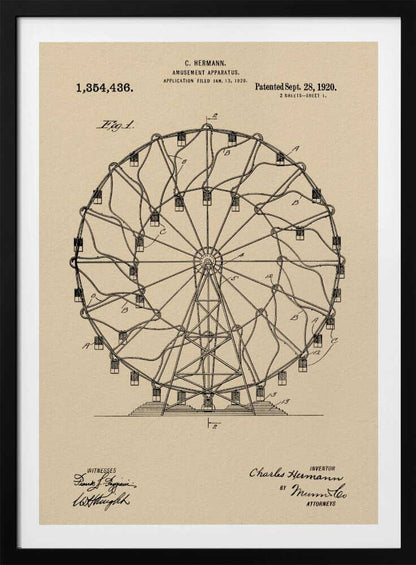 A framed vintage patent illustration of a Ferris wheel from 1920. The technical drawing is in black ink on aged beige paper, detailing the structure of the amusement apparatus. Text at the top identifies the inventor, C. Hermann, and the patent date, September 28, 1920. Decor