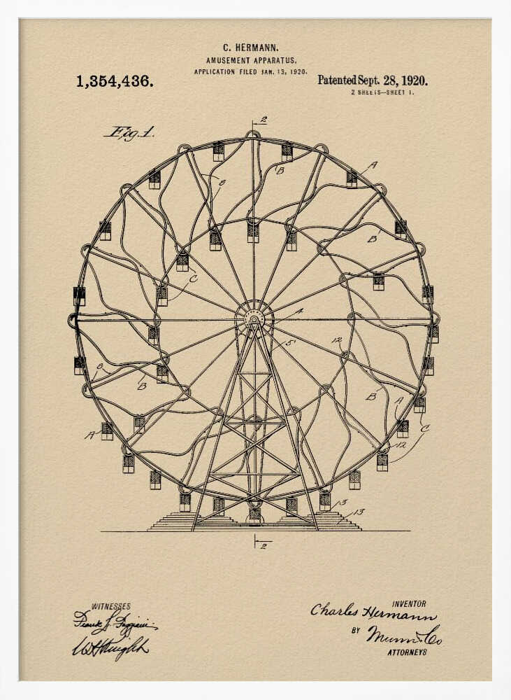 A framed vintage patent illustration of a Ferris wheel from 1920. The technical drawing is in black ink on aged beige paper, detailing the structure of the amusement apparatus. Text at the top identifies the inventor, C. Hermann, and the patent date, September 28, 1920. Decor