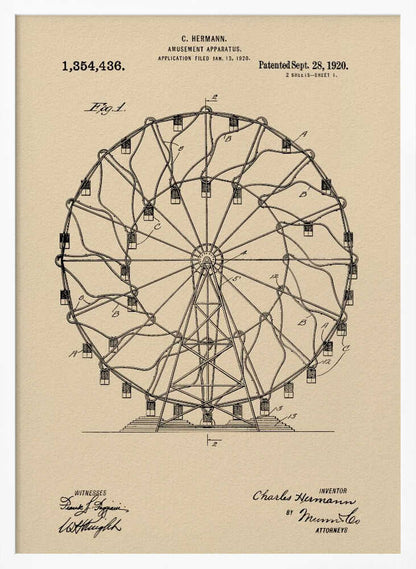 A framed vintage patent illustration of a Ferris wheel from 1920. The technical drawing is in black ink on aged beige paper, detailing the structure of the amusement apparatus. Text at the top identifies the inventor, C. Hermann, and the patent date, September 28, 1920. Decor