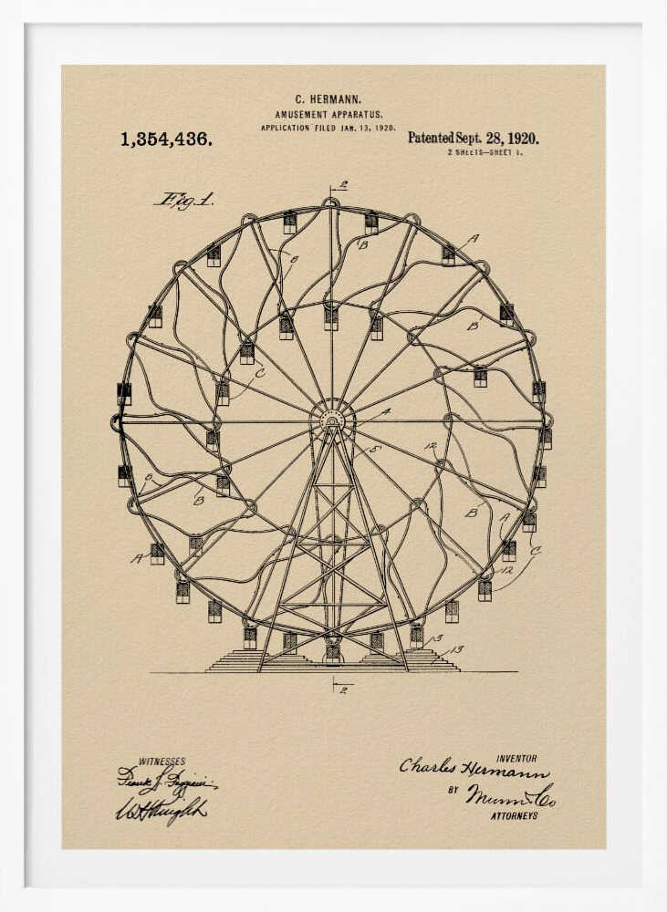 A framed vintage patent illustration of a Ferris wheel from 1920. The technical drawing is in black ink on aged beige paper, detailing the structure of the amusement apparatus. Text at the top identifies the inventor, C. Hermann, and the patent date, September 28, 1920. Decor