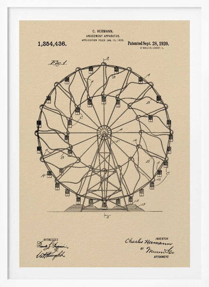 A framed vintage patent illustration of a Ferris wheel from 1920. The technical drawing is in black ink on aged beige paper, detailing the structure of the amusement apparatus. Text at the top identifies the inventor, C. Hermann, and the patent date, September 28, 1920. Decor