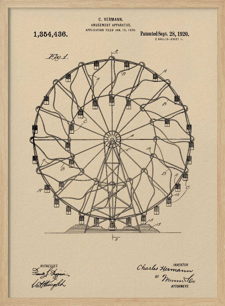 A framed vintage patent illustration of a Ferris wheel from 1920. The technical drawing is in black ink on aged beige paper, detailing the structure of the amusement apparatus. Text at the top identifies the inventor, C. Hermann, and the patent date, September 28, 1920. Decor