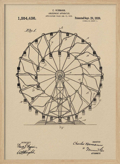 A framed vintage patent illustration of a Ferris wheel from 1920. The technical drawing is in black ink on aged beige paper, detailing the structure of the amusement apparatus. Text at the top identifies the inventor, C. Hermann, and the patent date, September 28, 1920. Decor