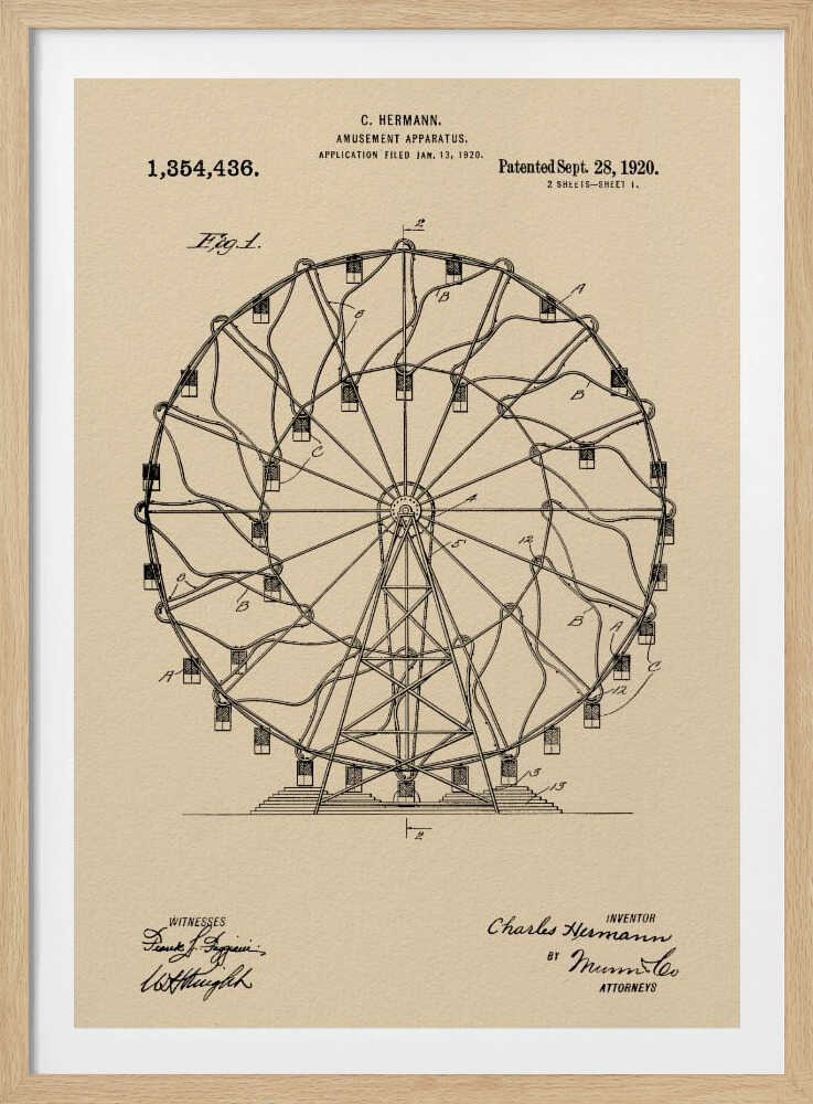 A framed vintage patent illustration of a Ferris wheel from 1920. The technical drawing is in black ink on aged beige paper, detailing the structure of the amusement apparatus. Text at the top identifies the inventor, C. Hermann, and the patent date, September 28, 1920. Decor