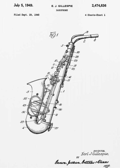 A framed black and white patent illustration for a saxophone, invented by E. J. Gillespie. The drawing, dated July 5, 1949, shows a detailed diagram of the instrument with numbered parts, set against a white background. Wall Art