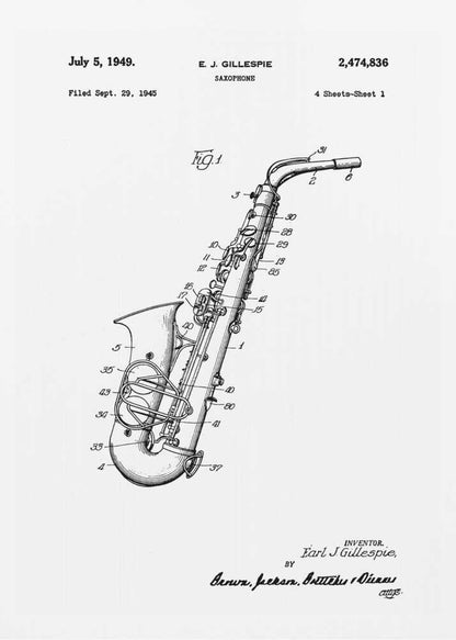 A framed black and white patent illustration for a saxophone, invented by E. J. Gillespie. The drawing, dated July 5, 1949, shows a detailed diagram of the instrument with numbered parts, set against a white background. Wall Art