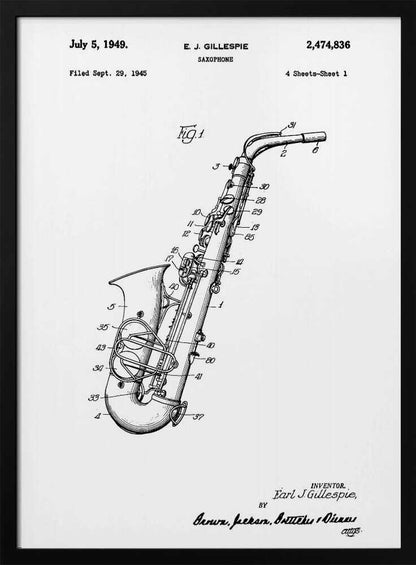 A framed black and white patent illustration for a saxophone, invented by E. J. Gillespie. The drawing, dated July 5, 1949, shows a detailed diagram of the instrument with numbered parts, set against a white background. Wall Art