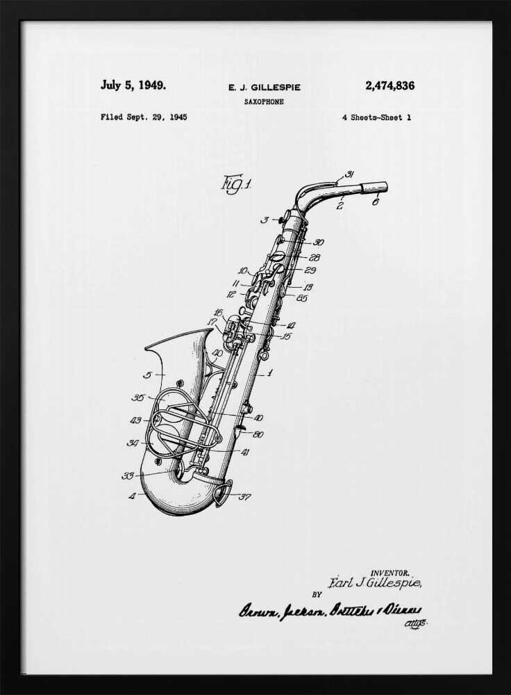 A framed black and white patent illustration for a saxophone, invented by E. J. Gillespie. The drawing, dated July 5, 1949, shows a detailed diagram of the instrument with numbered parts, set against a white background. Wall Art