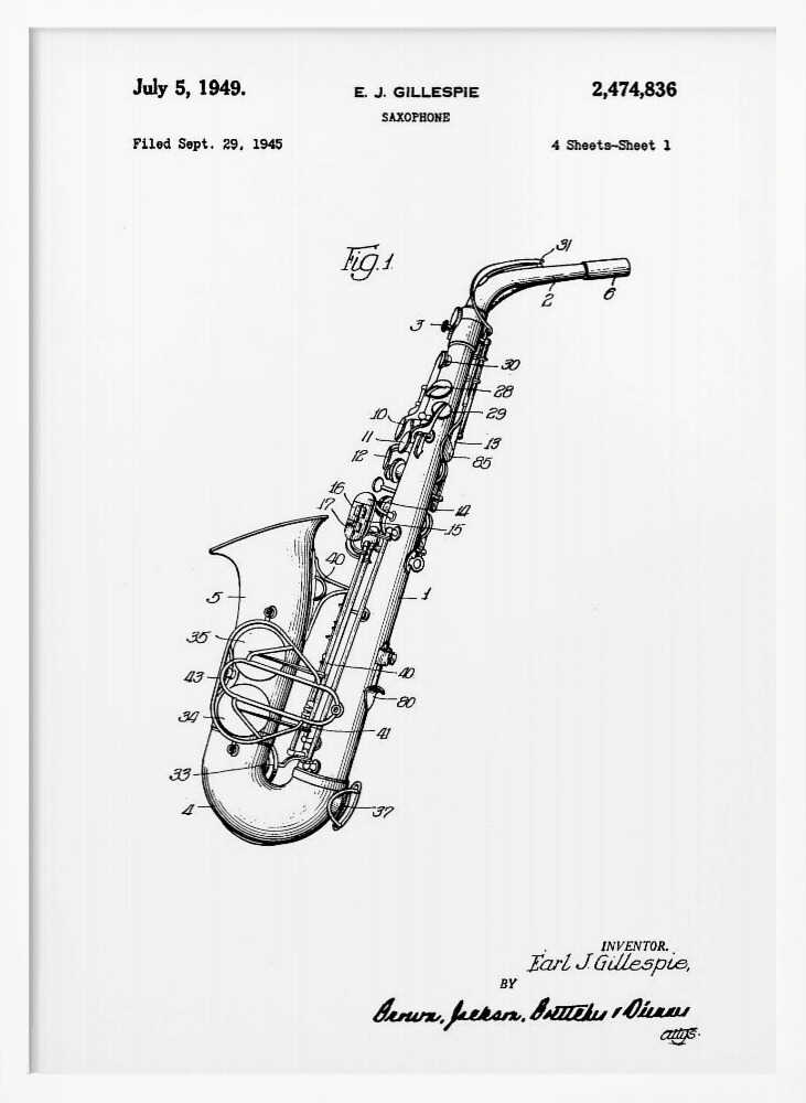 A framed black and white patent illustration for a saxophone, invented by E. J. Gillespie. The drawing, dated July 5, 1949, shows a detailed diagram of the instrument with numbered parts, set against a white background. Wall Art