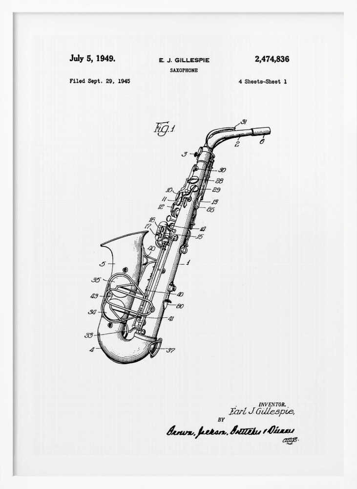 A framed black and white patent illustration for a saxophone, invented by E. J. Gillespie. The drawing, dated July 5, 1949, shows a detailed diagram of the instrument with numbered parts, set against a white background. Wall Art