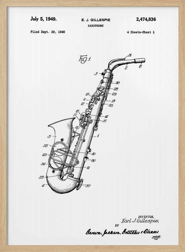 A framed black and white patent illustration for a saxophone, invented by E. J. Gillespie. The drawing, dated July 5, 1949, shows a detailed diagram of the instrument with numbered parts, set against a white background. Wall Art