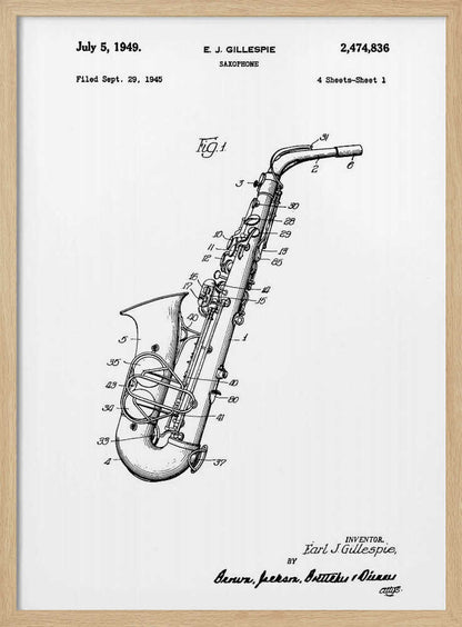 A framed black and white patent illustration for a saxophone, invented by E. J. Gillespie. The drawing, dated July 5, 1949, shows a detailed diagram of the instrument with numbered parts, set against a white background. Wall Art