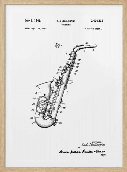 A framed black and white patent illustration for a saxophone, invented by E. J. Gillespie. The drawing, dated July 5, 1949, shows a detailed diagram of the instrument with numbered parts, set against a white background. Wall Art