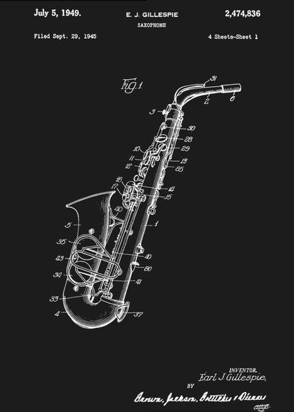 A framed black and white patent illustration for a saxophone, dated July 5, 1949. The image features a detailed schematic of the instrument as a white line drawing on a black background, with various parts numbered. Text at the top includes the date, inventor's name (E.J. Gillespie), and patent number. Wall Art