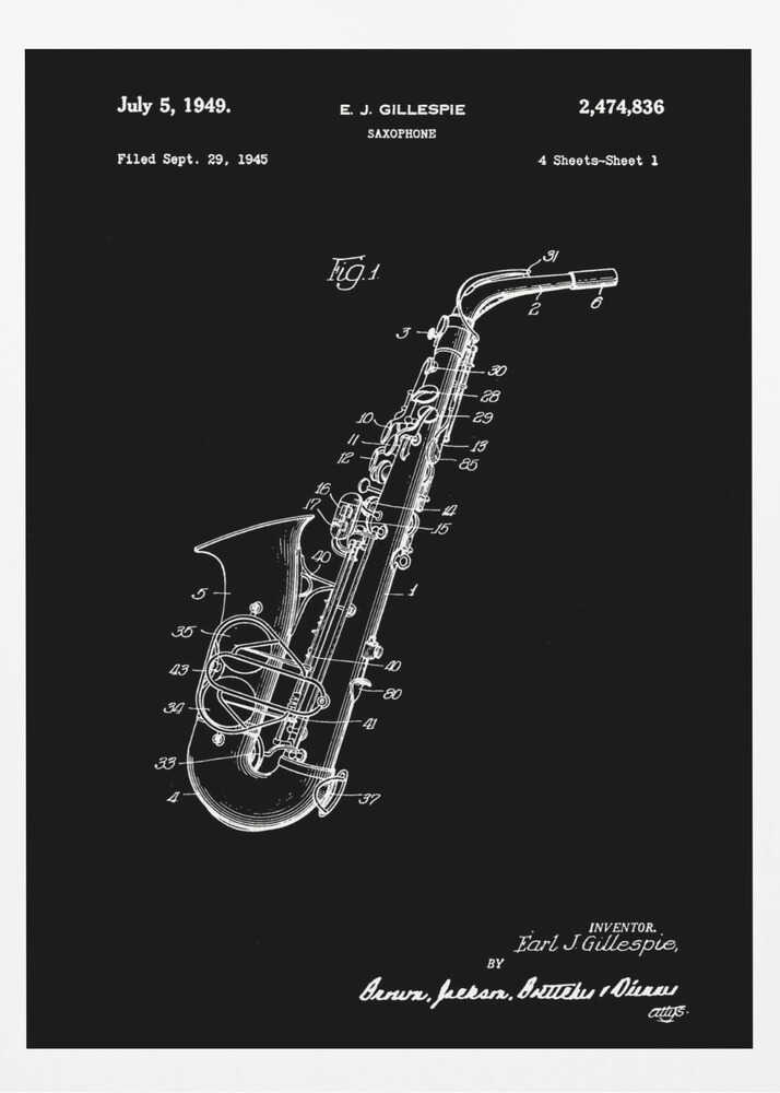 A framed black and white patent illustration for a saxophone, dated July 5, 1949. The image features a detailed schematic of the instrument as a white line drawing on a black background, with various parts numbered. Text at the top includes the date, inventor's name (E.J. Gillespie), and patent number. Wall Art