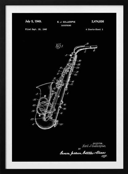 A framed black and white patent illustration for a saxophone, dated July 5, 1949. The image features a detailed schematic of the instrument as a white line drawing on a black background, with various parts numbered. Text at the top includes the date, inventor's name (E.J. Gillespie), and patent number. Wall Art