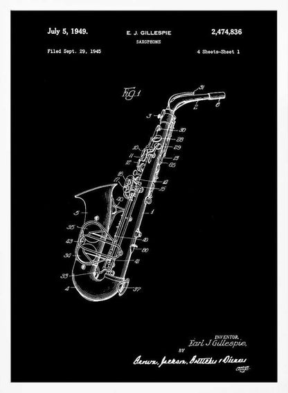 A framed black and white patent illustration for a saxophone, dated July 5, 1949. The image features a detailed schematic of the instrument as a white line drawing on a black background, with various parts numbered. Text at the top includes the date, inventor's name (E.J. Gillespie), and patent number. Wall Art