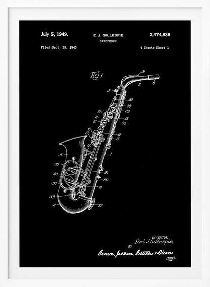 A framed black and white patent illustration for a saxophone, dated July 5, 1949. The image features a detailed schematic of the instrument as a white line drawing on a black background, with various parts numbered. Text at the top includes the date, inventor's name (E.J. Gillespie), and patent number. Wall Art