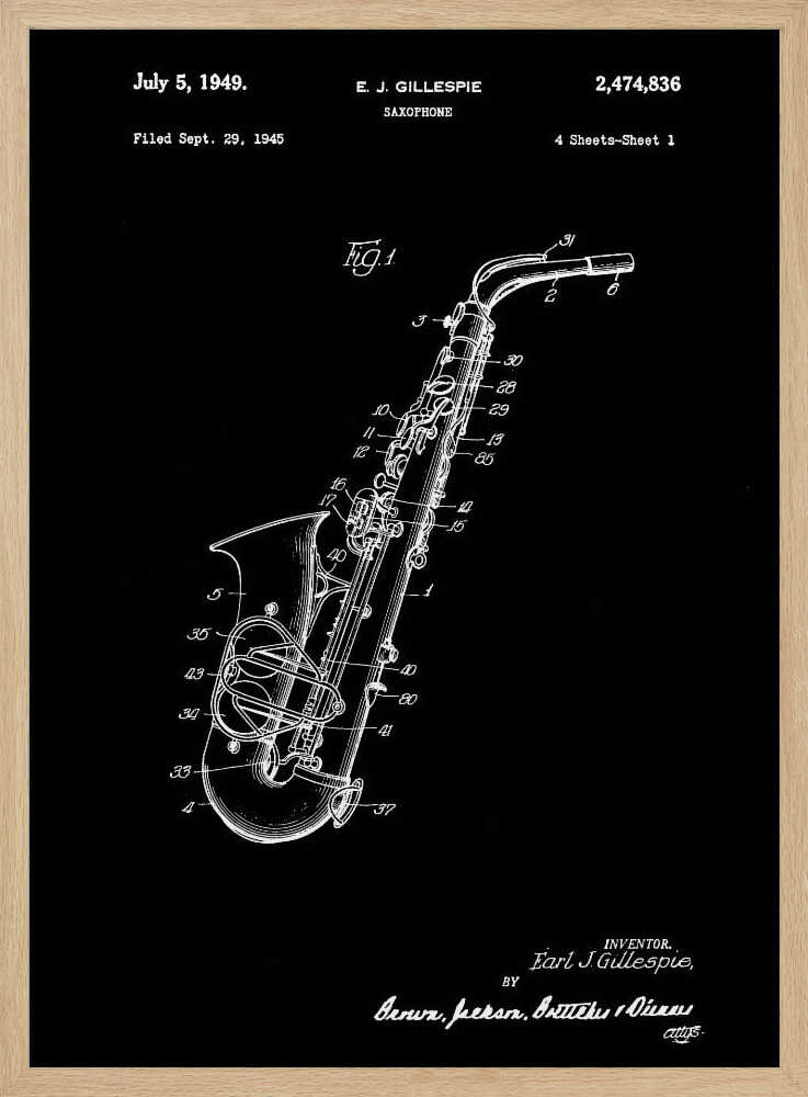 A framed black and white patent illustration for a saxophone, dated July 5, 1949. The image features a detailed schematic of the instrument as a white line drawing on a black background, with various parts numbered. Text at the top includes the date, inventor's name (E.J. Gillespie), and patent number. Wall Art