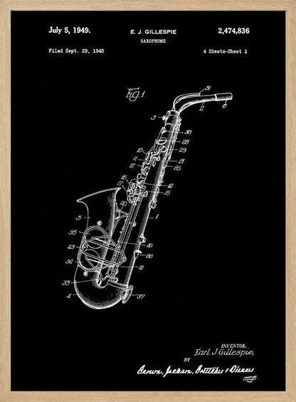 A framed black and white patent illustration for a saxophone, dated July 5, 1949. The image features a detailed schematic of the instrument as a white line drawing on a black background, with various parts numbered. Text at the top includes the date, inventor's name (E.J. Gillespie), and patent number. Wall Art