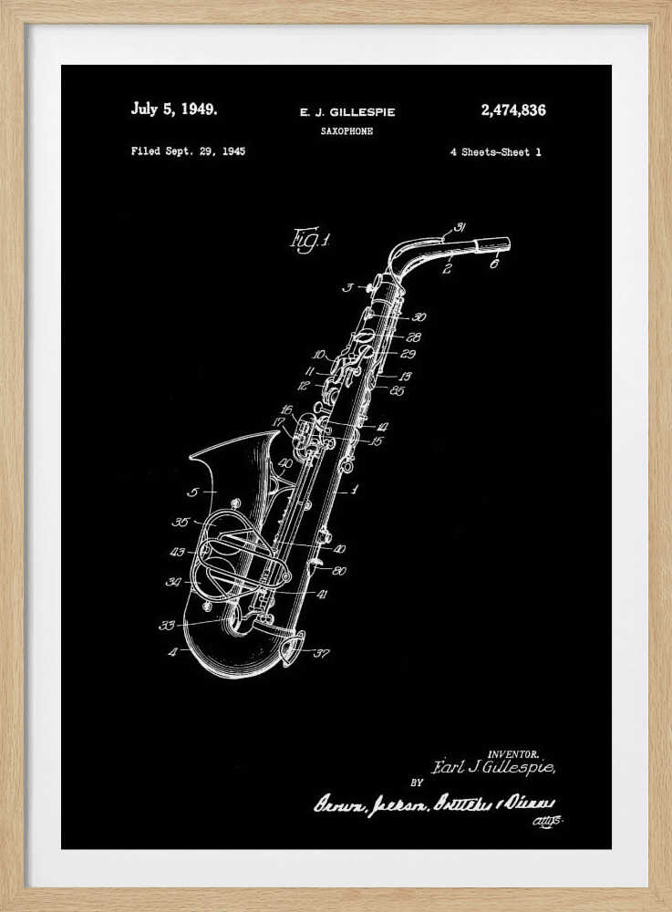 A framed black and white patent illustration for a saxophone, dated July 5, 1949. The image features a detailed schematic of the instrument as a white line drawing on a black background, with various parts numbered. Text at the top includes the date, inventor's name (E.J. Gillespie), and patent number. Wall Art
