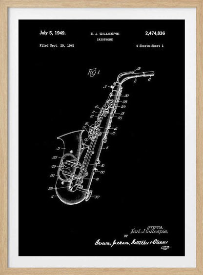 A framed black and white patent illustration for a saxophone, dated July 5, 1949. The image features a detailed schematic of the instrument as a white line drawing on a black background, with various parts numbered. Text at the top includes the date, inventor's name (E.J. Gillespie), and patent number. Wall Art