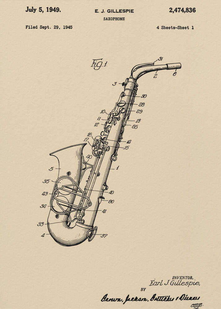 A framed vintage patent illustration of a saxophone, dated July 5, 1949. The detailed black line drawing is on a beige background and includes technical numbers pointing to different parts of the instrument. Artwork