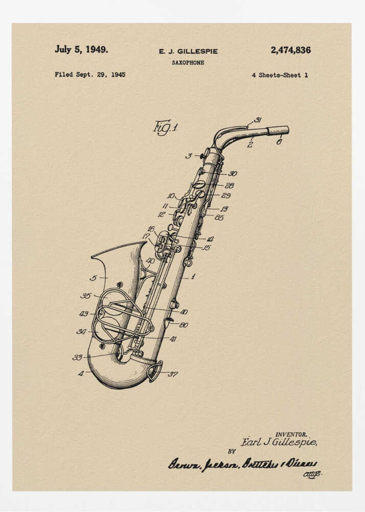 A framed vintage patent illustration of a saxophone, dated July 5, 1949. The detailed black line drawing is on a beige background and includes technical numbers pointing to different parts of the instrument. Artwork
