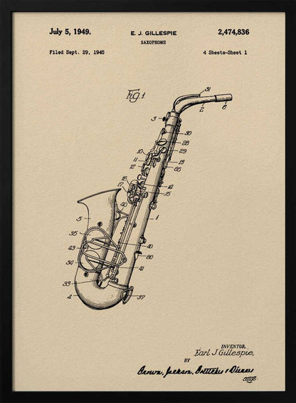 A framed vintage patent illustration of a saxophone, dated July 5, 1949. The detailed black line drawing is on a beige background and includes technical numbers pointing to different parts of the instrument. Artwork