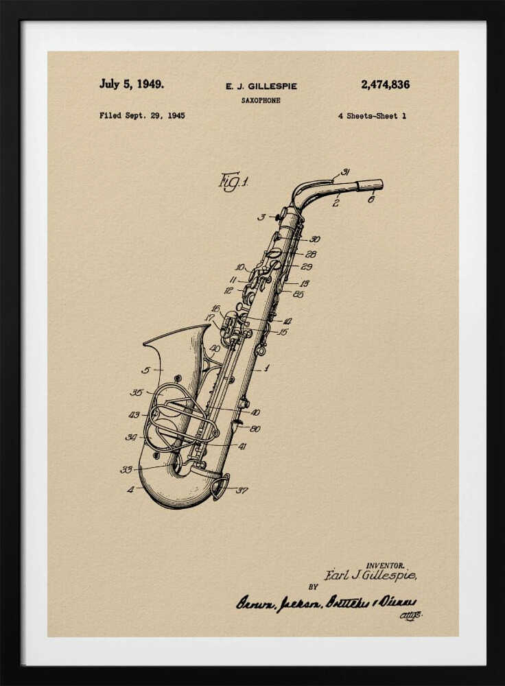 A framed vintage patent illustration of a saxophone, dated July 5, 1949. The detailed black line drawing is on a beige background and includes technical numbers pointing to different parts of the instrument. Artwork