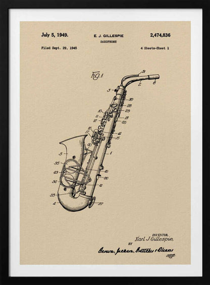 A framed vintage patent illustration of a saxophone, dated July 5, 1949. The detailed black line drawing is on a beige background and includes technical numbers pointing to different parts of the instrument. Artwork