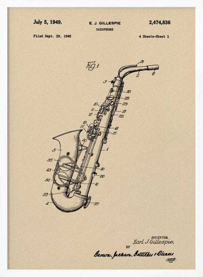 A framed vintage patent illustration of a saxophone, dated July 5, 1949. The detailed black line drawing is on a beige background and includes technical numbers pointing to different parts of the instrument. Artwork