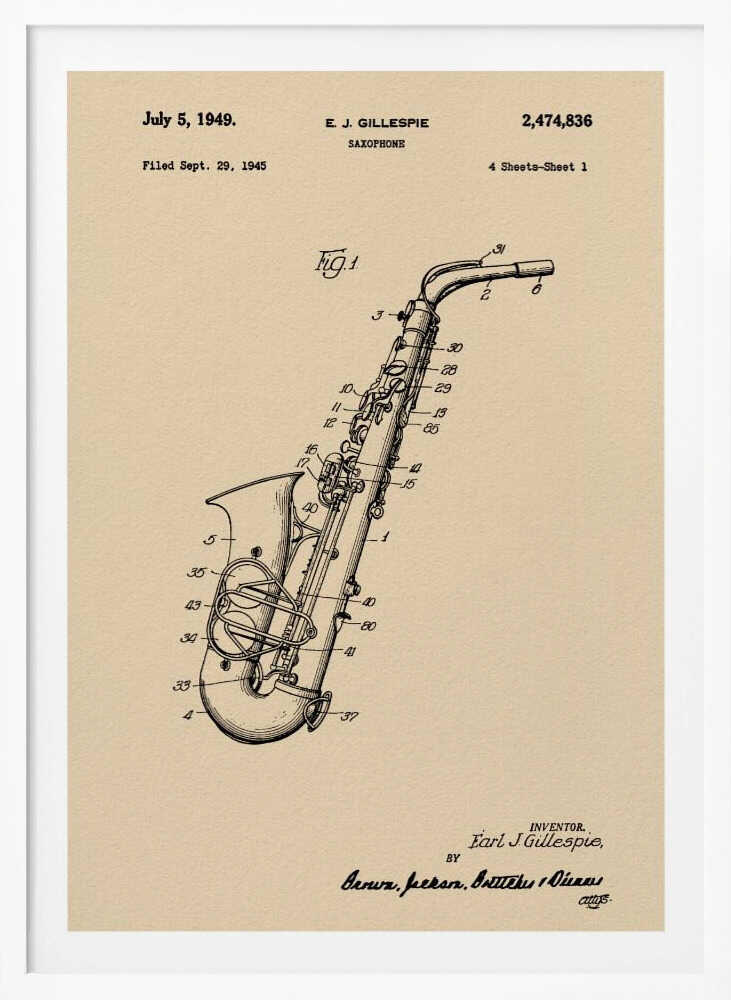 A framed vintage patent illustration of a saxophone, dated July 5, 1949. The detailed black line drawing is on a beige background and includes technical numbers pointing to different parts of the instrument. Artwork