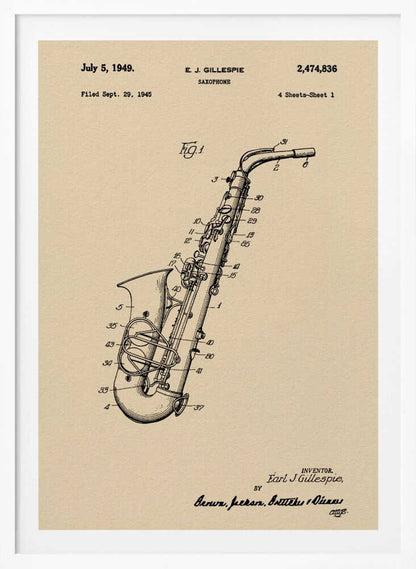 A framed vintage patent illustration of a saxophone, dated July 5, 1949. The detailed black line drawing is on a beige background and includes technical numbers pointing to different parts of the instrument. Artwork
