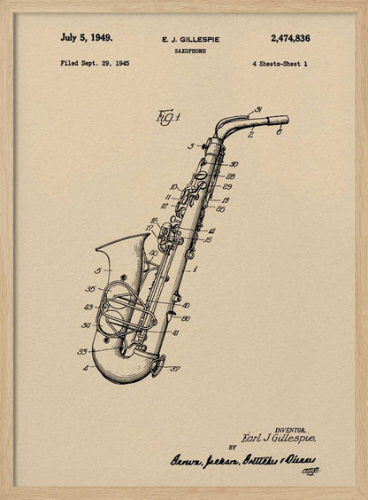 A framed vintage patent illustration of a saxophone, dated July 5, 1949. The detailed black line drawing is on a beige background and includes technical numbers pointing to different parts of the instrument. Artwork