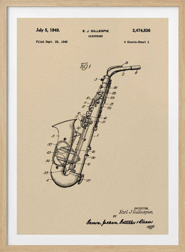 A framed vintage patent illustration of a saxophone, dated July 5, 1949. The detailed black line drawing is on a beige background and includes technical numbers pointing to different parts of the instrument. Artwork