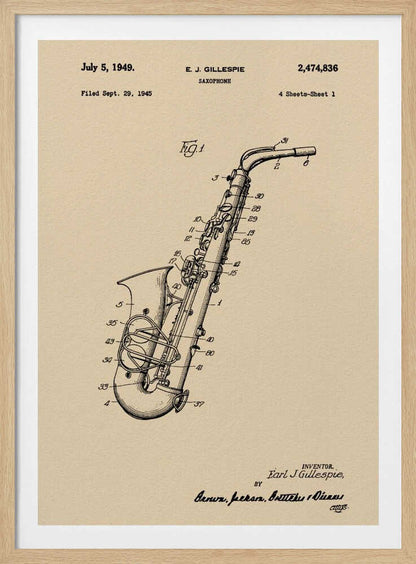 A framed vintage patent illustration of a saxophone, dated July 5, 1949. The detailed black line drawing is on a beige background and includes technical numbers pointing to different parts of the instrument. Artwork