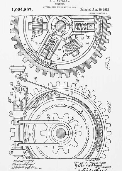 A framed black and white patent illustration for a 'Gearing' mechanism by A. I. Hovland, dated 1912. The detailed technical drawing shows two large interlocking gears with their internal components, labeled with numbers and accompanied by official text and signatures. Print