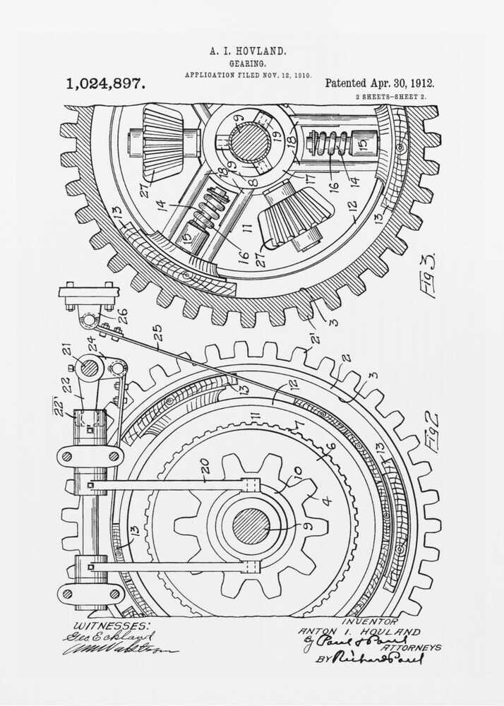 A framed black and white patent illustration for a 'Gearing' mechanism by A. I. Hovland, dated 1912. The detailed technical drawing shows two large interlocking gears with their internal components, labeled with numbers and accompanied by official text and signatures. Print