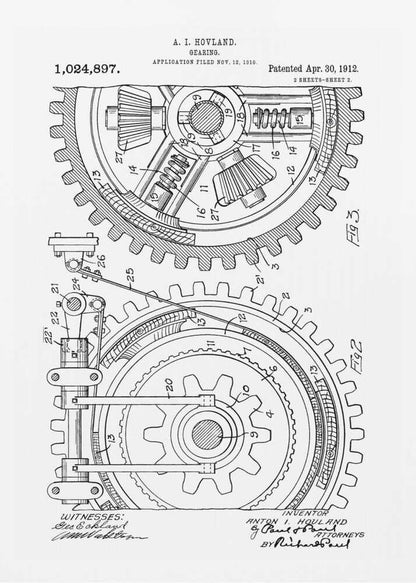 A framed black and white patent illustration for a 'Gearing' mechanism by A. I. Hovland, dated 1912. The detailed technical drawing shows two large interlocking gears with their internal components, labeled with numbers and accompanied by official text and signatures. Print