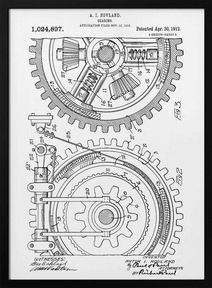 A framed black and white patent illustration for a 'Gearing' mechanism by A. I. Hovland, dated 1912. The detailed technical drawing shows two large interlocking gears with their internal components, labeled with numbers and accompanied by official text and signatures. Print
