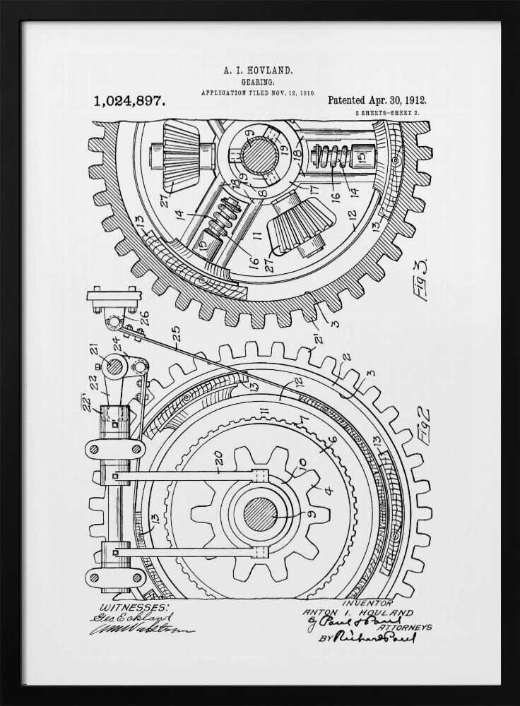 A framed black and white patent illustration for a 'Gearing' mechanism by A. I. Hovland, dated 1912. The detailed technical drawing shows two large interlocking gears with their internal components, labeled with numbers and accompanied by official text and signatures. Print