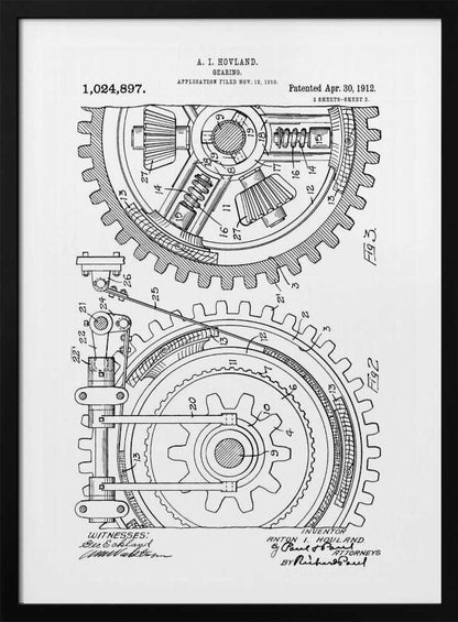 A framed black and white patent illustration for a 'Gearing' mechanism by A. I. Hovland, dated 1912. The detailed technical drawing shows two large interlocking gears with their internal components, labeled with numbers and accompanied by official text and signatures. Print