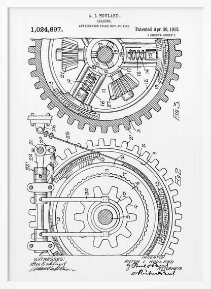 A framed black and white patent illustration for a 'Gearing' mechanism by A. I. Hovland, dated 1912. The detailed technical drawing shows two large interlocking gears with their internal components, labeled with numbers and accompanied by official text and signatures. Print
